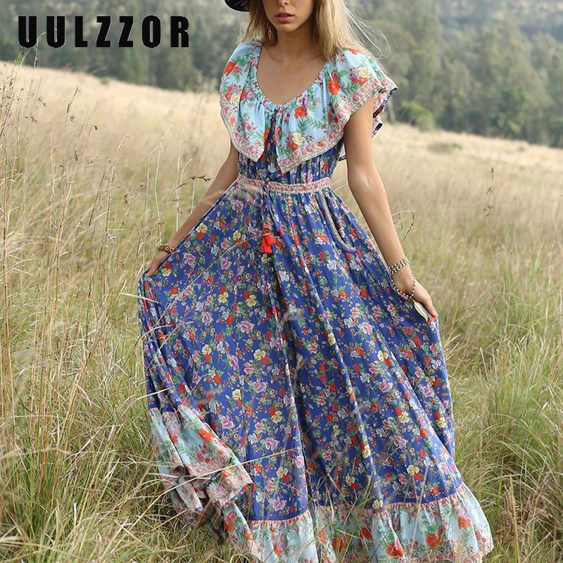 UULZZOR платья для женщин без рукавов с открытыми плечами платья Бохо цыганское Макси платье с цветочным принтом длинное платье Лето - Цвет: Тёмно-синий