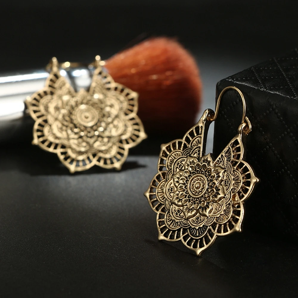 

1pair Vintage Mandala Flower Drop Dangle Earring for Women Girl Tribal Hollow Floral Pendant Earrings