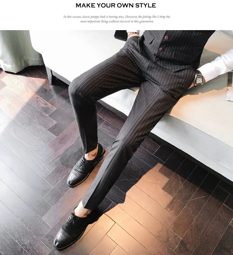 Формальные Брюки для Для мужчин Stripe Slim Fit костюм Бизнес свадебные Брюки Модный прямой Повседневное высокое качество Для мужчин s Брюки A5570