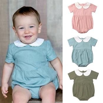 

Lovely Newborn Infant Baby Girls Short Sleeve Peter pan Collar Romper Jumpsuit Solid Cotton Summer Outfit Clothes Baby Clothing