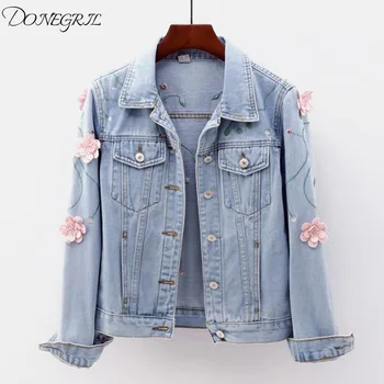 

2020 new jackets women three-dimensional flower embroidery denim jacket Slim long sleeve denim jackets