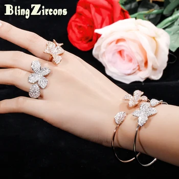 

BeaQueen Brand New Adjustable Size CZ Pave Setting Leaf Flower Open Hand Cuff Bangles and Rings Jewelry Sets for Women JS176