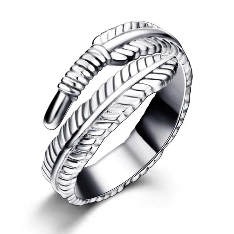 

VOJEFEN Unisex Men's Women's 925 Steling Silver Ring Vintage Feather Ring Gothic Punk Silver Cast Open Ring Wrap Band Adjustable