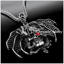 62mm*61mm 45g Fine Carving Stainless Steel Silver Black Gothic Jewelry Skeleton Skull Dinosaur Men’s Pendant Necklace Hip-hop