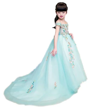 

2018 Girls Dress Children Embroidery Flowers Princess Shoulderless Dress Girls Wedding Birthday Party Trailing Dress A1