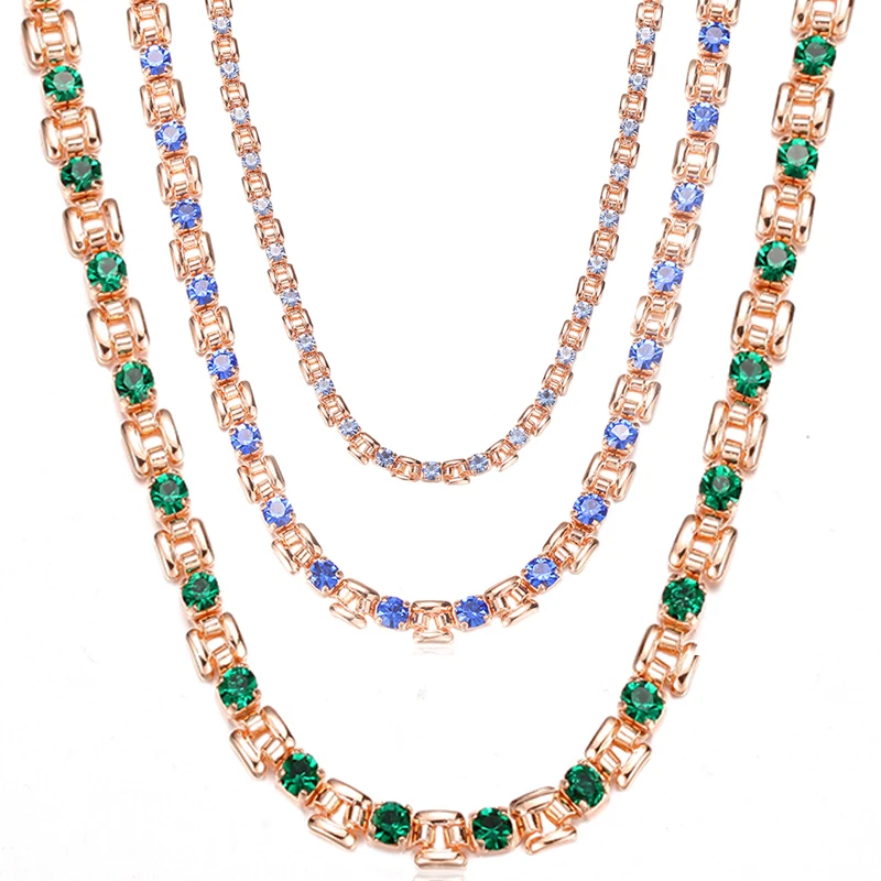 

4 Color White/Bue/Green Cubic Zircon Square Necklace Womens 585 Rose Gold Color Link Chains 45CM 50CM 55CM 60CM Jewelry