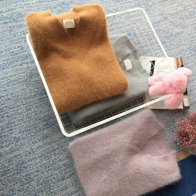 2019 Autumn Winter Women Cashmere Long Sweaters Pullovers V-neck Sweaters Dress Female Elegant Casual Pullovers Warm Fur Sweater