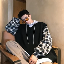 Новинка, Повседневный пуловер в Корейском стиле, в стиле хип-хоп, с капюшоном, имитация двух частей, в клетку, с вышивкой, фиолетовый/хаки/черный, M-2XL