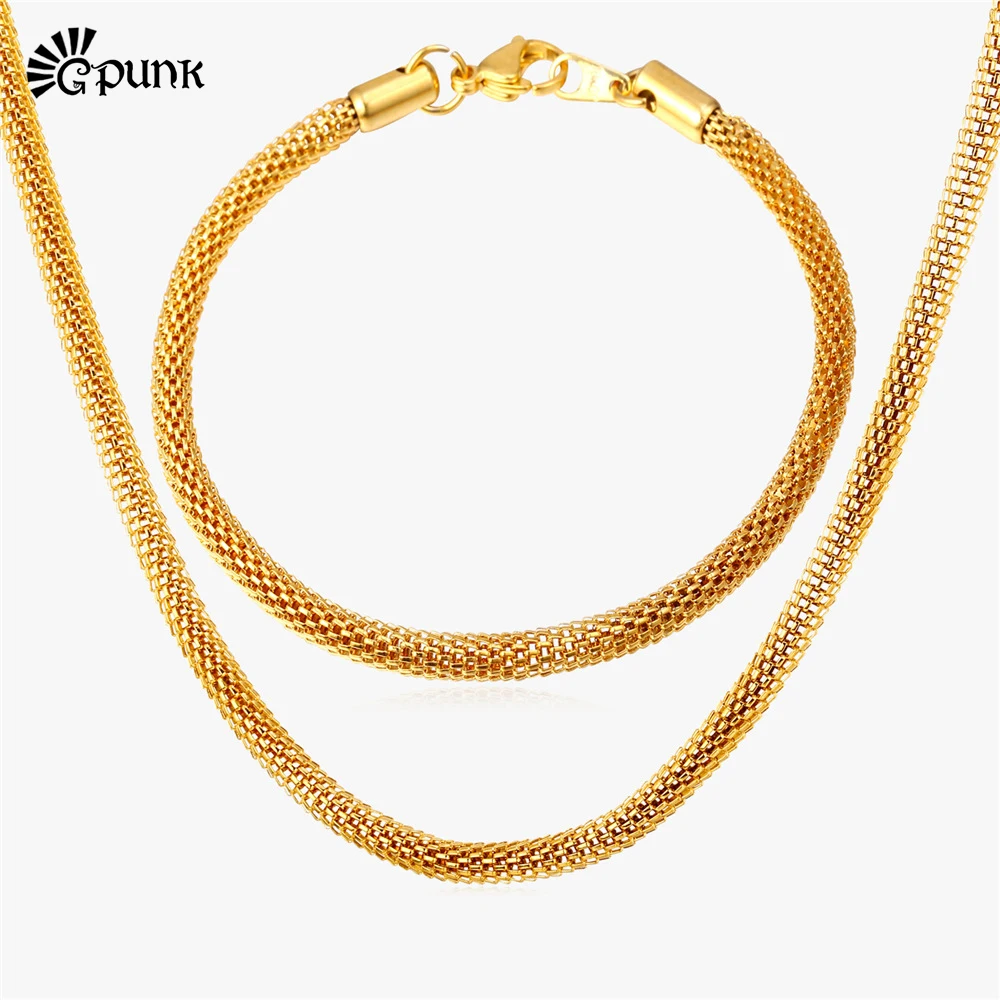 Net Chain Men Necklaces Bracelet Jewelry Set Yellow Gold Color 316l