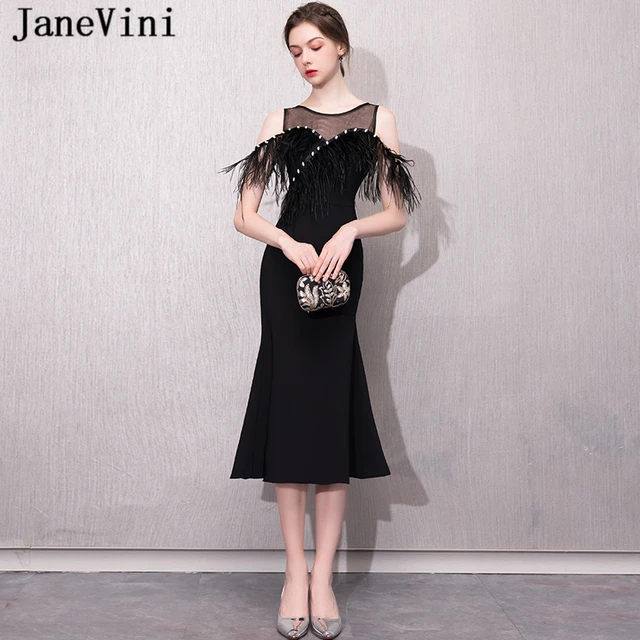 Cheap JaneVini 2018 Chic Black Satin Crystal Long Bridesmaid Dresses with Ostrich Feather Zipper Back Tea-Length Mermaid Prom Gowns