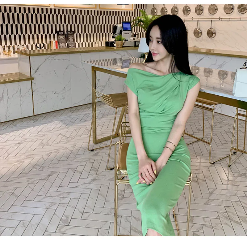 Зеленое летнее офисное женское платье, маленькое сексуальное асимметричное эластичное удобное облегающее платье с высокой талией, элегантное платье-карандаш для женщин