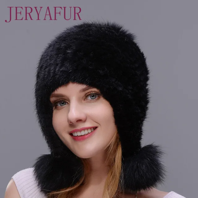 

Hot Sale 2017 Real Natural Mink Fur Double Closely Woven Hat For Women Winter Cap With Three Fox Fur Pom Poms Thick And Warmth