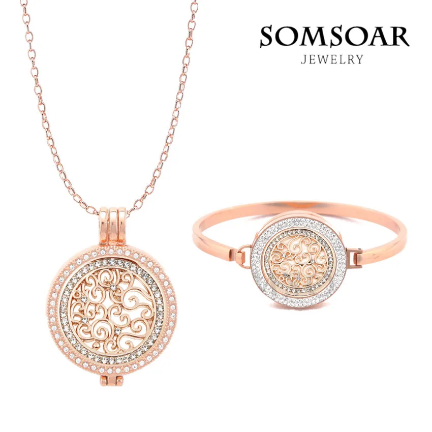 

Top Sale VINTAGE CURLS Fantasy Flower Crystal My Coin Pendant and Stainless Steel Bracelet Set for Women Gift