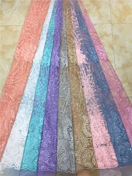 

2019 high quality French Nigerian sequins net lace,African tulle mesh sequence lace fabric for party dress 5yards/lot Pink green