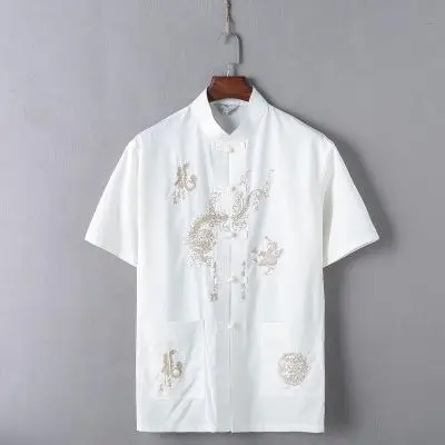 Мандарин Воротник Кунг фу Тай Чи Униформа Традиционный китайский дракон одежда костюм Тан Топ летняя хлопковая Льняная мужская рубашка m-xxxl - Цвет: White B