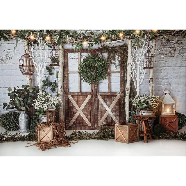 

7X5ft White Brick Wall Newborn Baby Kids Photo Background Printed Wood Door Green Garland Christmas Backdrop Photography
