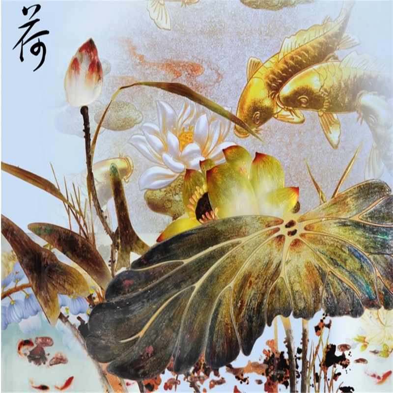 

Large custom wallpapers 3D stereoscopic fine color carved lotus pond Jiuyu play water HDTV backdrop