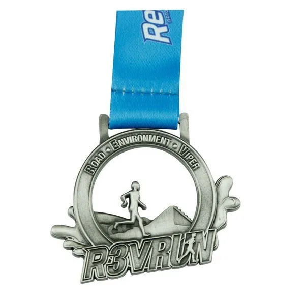 factory custom antique silver Medals with blue ribbons low price Customized running sports