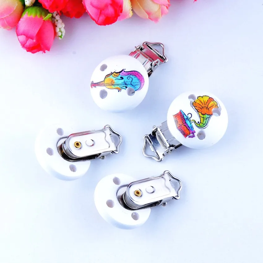 

10PCs Baby Pacifier Clips Mixed Pattern White Wood Metal Holders Cute Infant Soother Clasps Funny Accessories 4.4x2.9cm