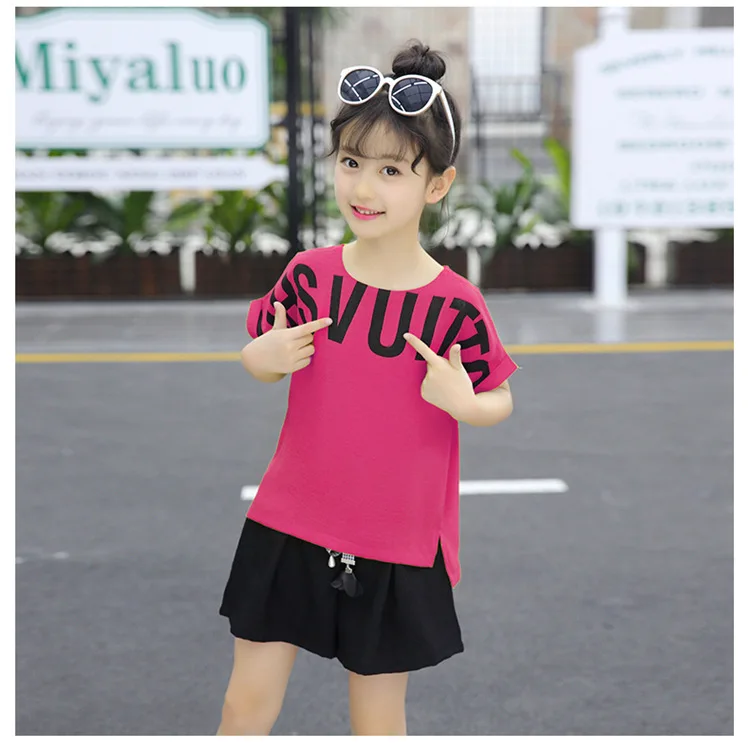 Summer Children Clothing Sets For Girls 2019 Fashion Letter Print Tshirts Tops Shorts Teenage Clothes 2Pcs Kids Suit 10 12 Years (21)