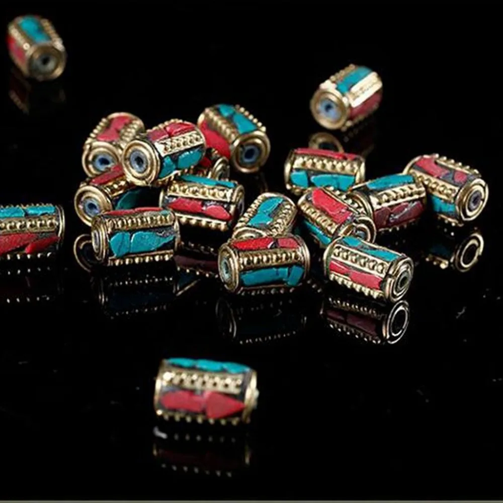 

5pcs Nepal Handmade Retro Tibetan Silver Beads Brass Inlaid Turquoise