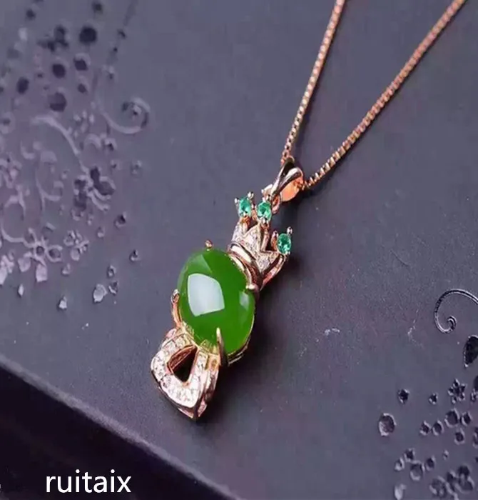 

KJJEAXCMY boutique jewels S925 Sterling silver inlay natural jade lady pendant + necklace crown spinach green jewelry plant lea