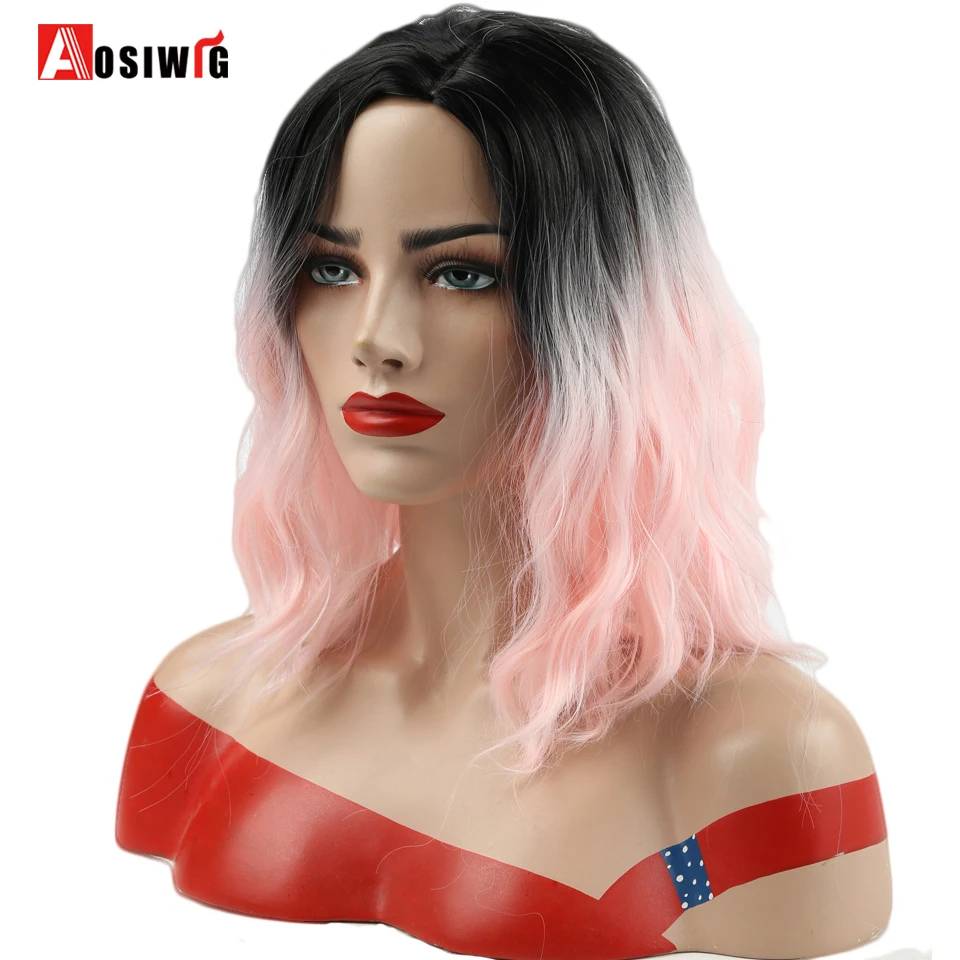 AOSI WIG 14" Synthetic Ombre Red Blue Pink Wigs Short Water Wave False