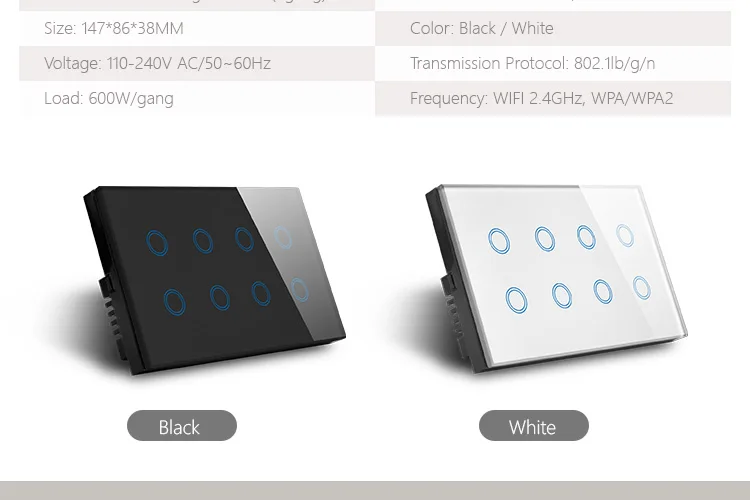 8 gang luz wifi interruptor 600w, compatível alexa google