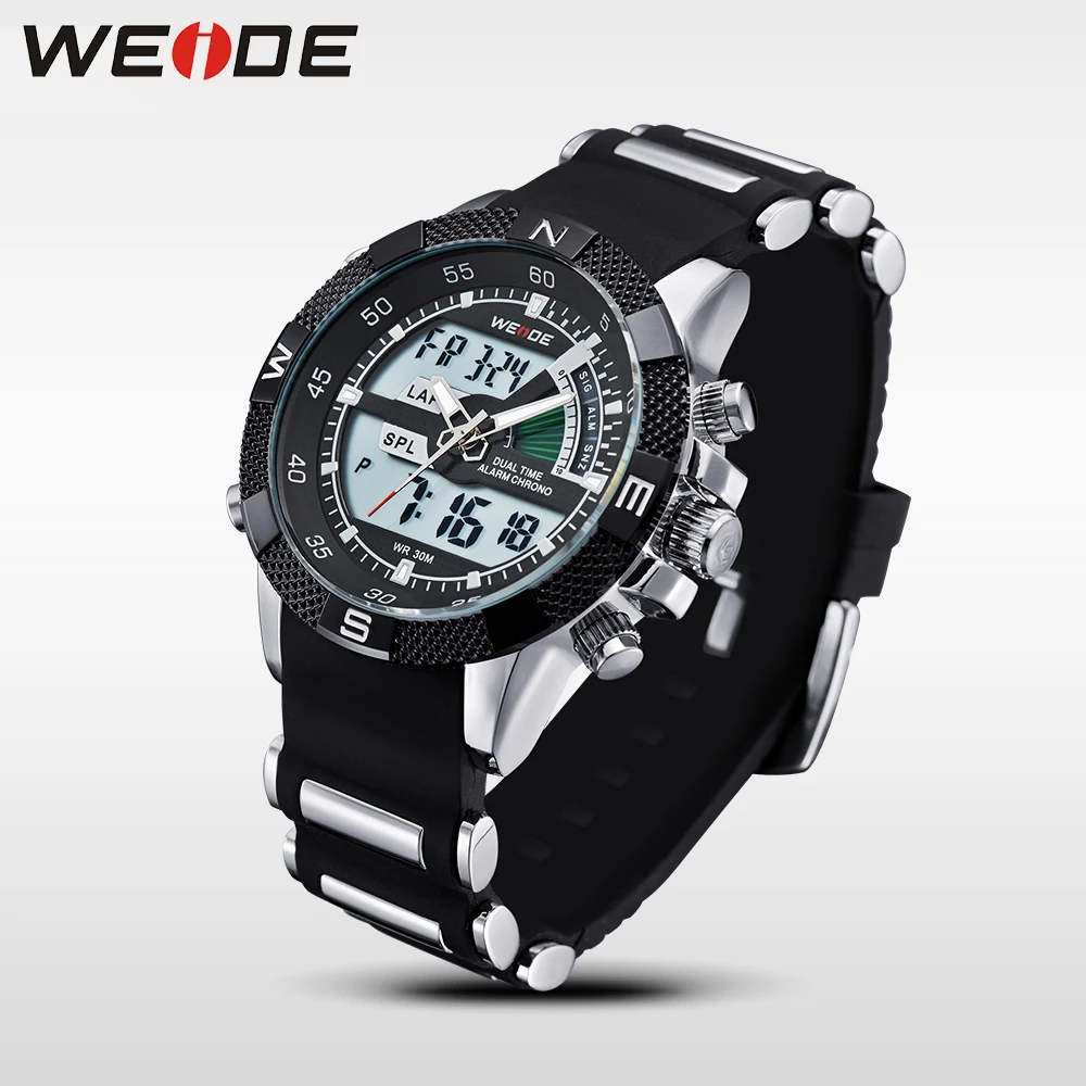 2013 Brand New WEIDE men LED Luminous analog digit dual time display Date Week Alarm luxury brand sport watch unique design 3ATM