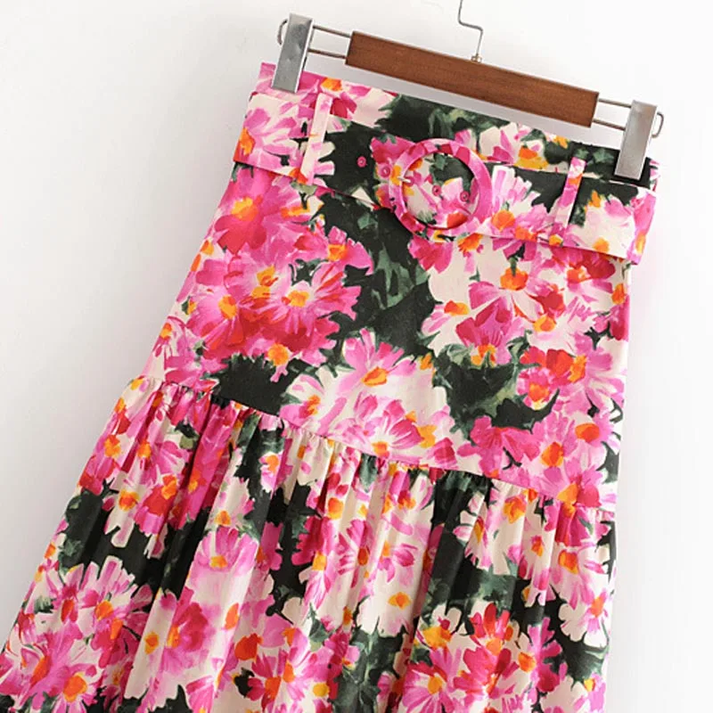 QZ205 женские пояса тонкая талия цветочный принт трапециевидная юбка миди длина корейский шик юбки Saias