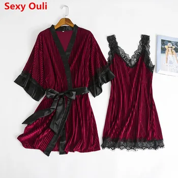 

Fashion Women Faux jinsirong Robe Gown Set Hot Winter Sexy Lace Nightgowns Women Sleepwear Dress Woman Pajamas Bathrobe