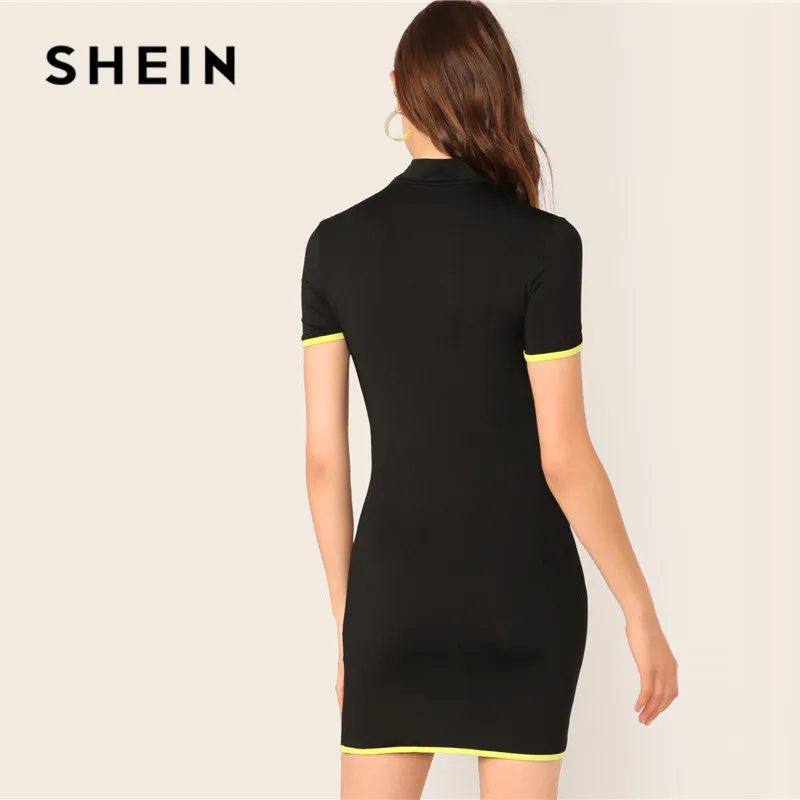 SHEIN неоновое облегающее платье с вырезом на шее, черное облегающее платье с воротником-стойкой, тонкое женское платье с коротким рукавом, сексуальное летнее платье