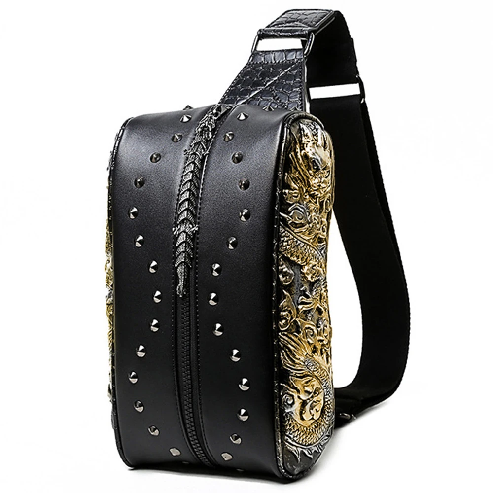 

European American 3D Double Single Shoulder Backpack Slant Small Chest Bag for Men's PU Double Chinese Dragon Backpack School