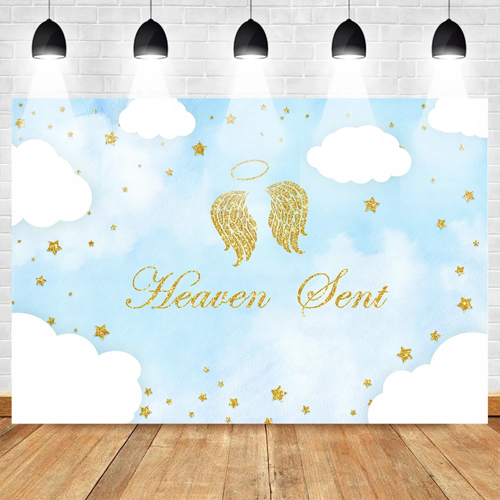 Mohofoto Newborn Baby Shower Backdrop For Photography Angel Theme Party Background Photophone Cloud Blue Sky Golden Stars Background Aliexpress