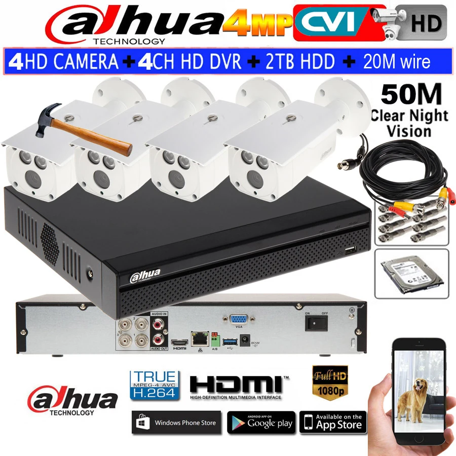 Сетевой видеорегистратор Dahua 4MP Водонепроницаемая ИК-камера DH-HAC-HFW1400DP безопасности цилиндрическая камера видеонаблюдения 4CH DH-HCVR7104H-4M камера CVI комплект HDD с 20 м провода