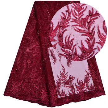 

Newest Red Color African Lace Fabrics French High Quality Bridal Beaded Nigerian Lace Tulle Lace Fabric For Wedding Dress 1194