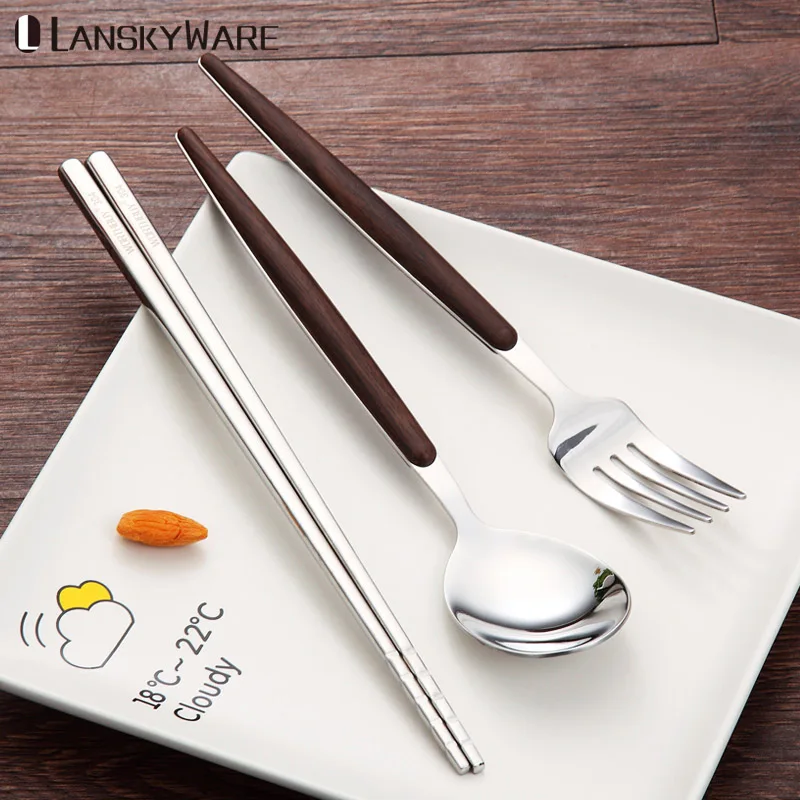 

LANSKYWARE Portable Tableware Set 304 Stainless Steel Dinnerware Set With Eco-Friendly Wooden Handle Travel Picnic Cutlery Set