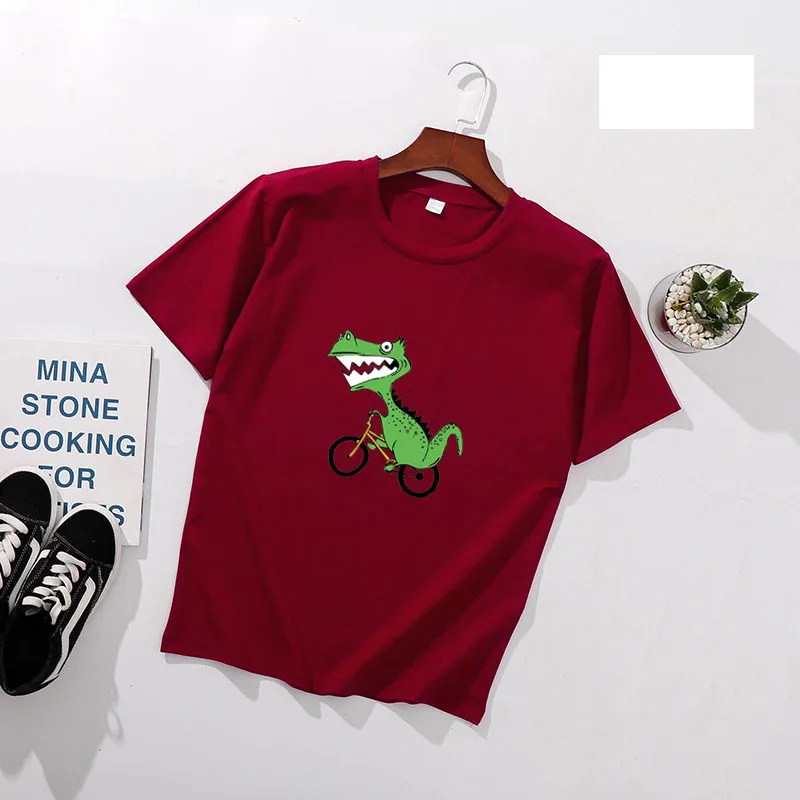 لطيف الديناصور طباعة المرأة تي شيرت الربيع الصيف قصيرة الأكمام يا الرقبة القطن دنة النساء قمم المحملات يتأهل النساء تي شيرت