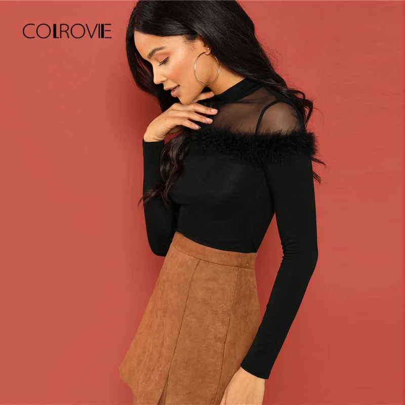 Черная сетчатая футболка COLROVIE с искусственным мехом Корейская зимняя женская