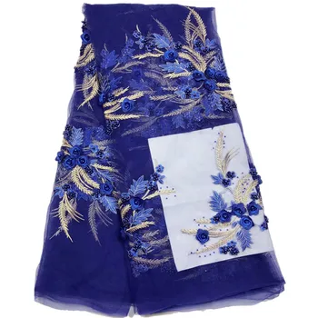 

High quality Appliqued royal blue flower with royal blue beads and stones French net Fabric ZF71 Free shipping Tulle Lace Fabric