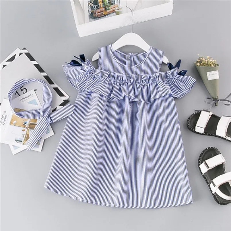 Girls suit summer 2019 new 2PCS Toddler Kids Baby Girl Outfit Clothes Strapless Stripe Dress+Headband Set (5)