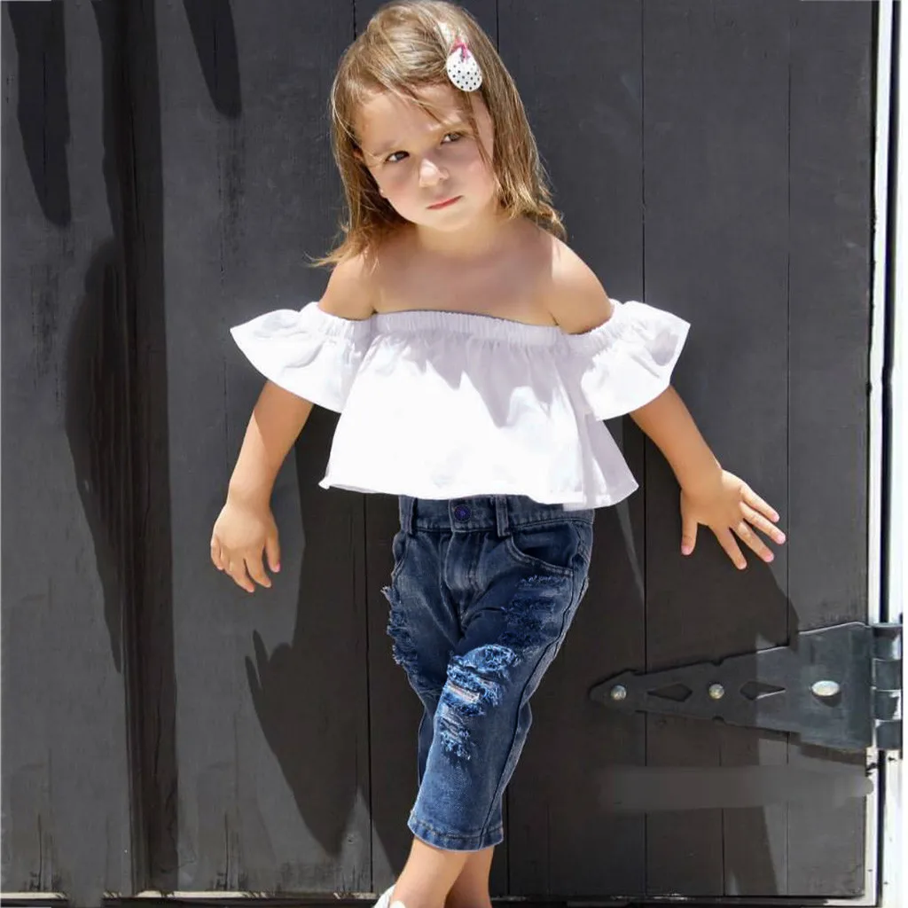 Toddler Kids Baby Girls Crop Tops Hole Denim Pant Jean Headband Outfits Clothes