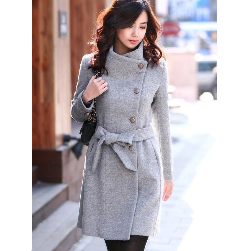Lguc.H Women Long Winter Coat with Waistband Women's Black Gray Wool