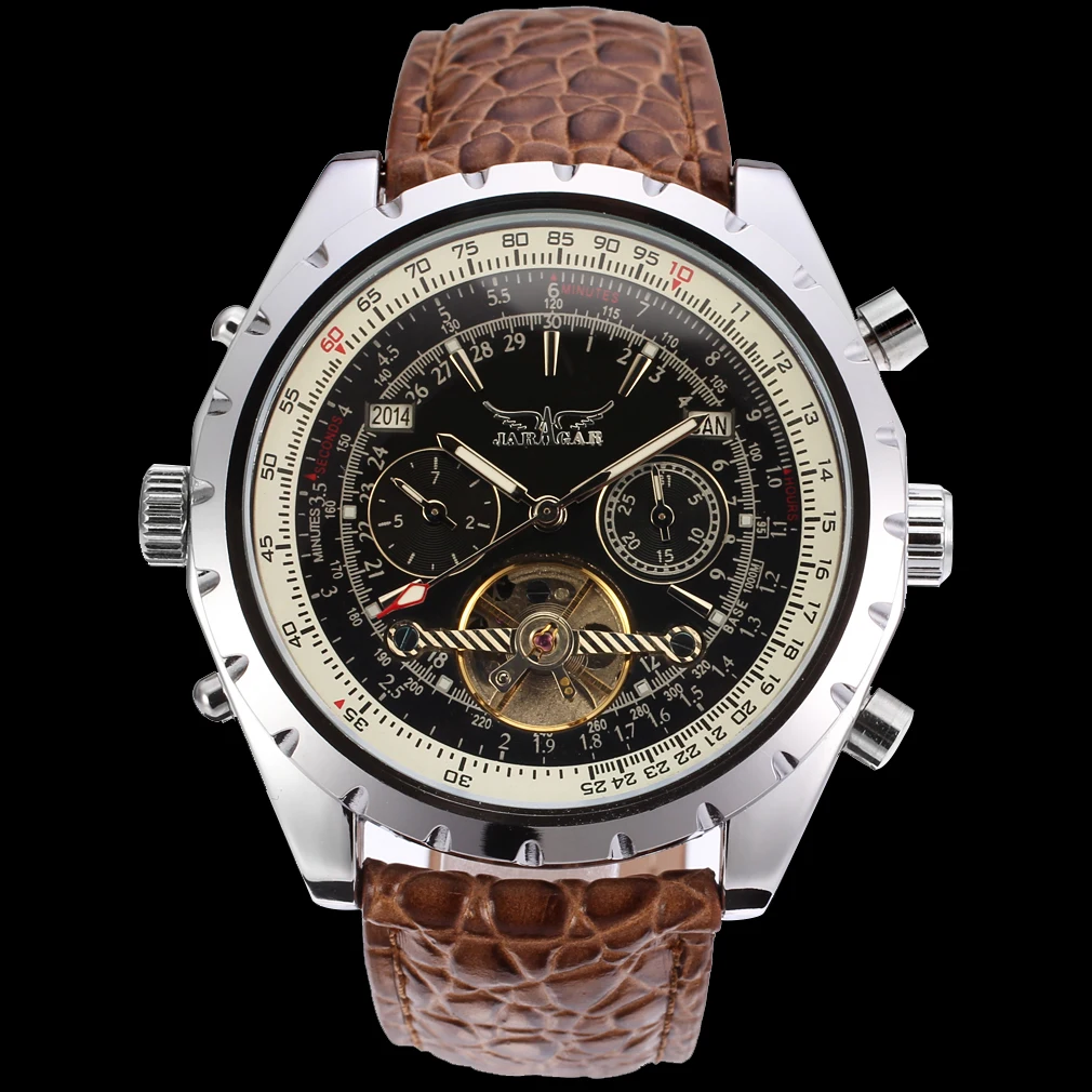 

JARGAR Stainless Steel Automatic Watch for Man Black Genuine Leather Strap