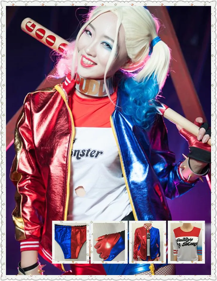 

2016 NEW movie Suicide Squad Harley Quinn female clown cosplay costume clothing halloween anime coat jacket t-shirt short wig