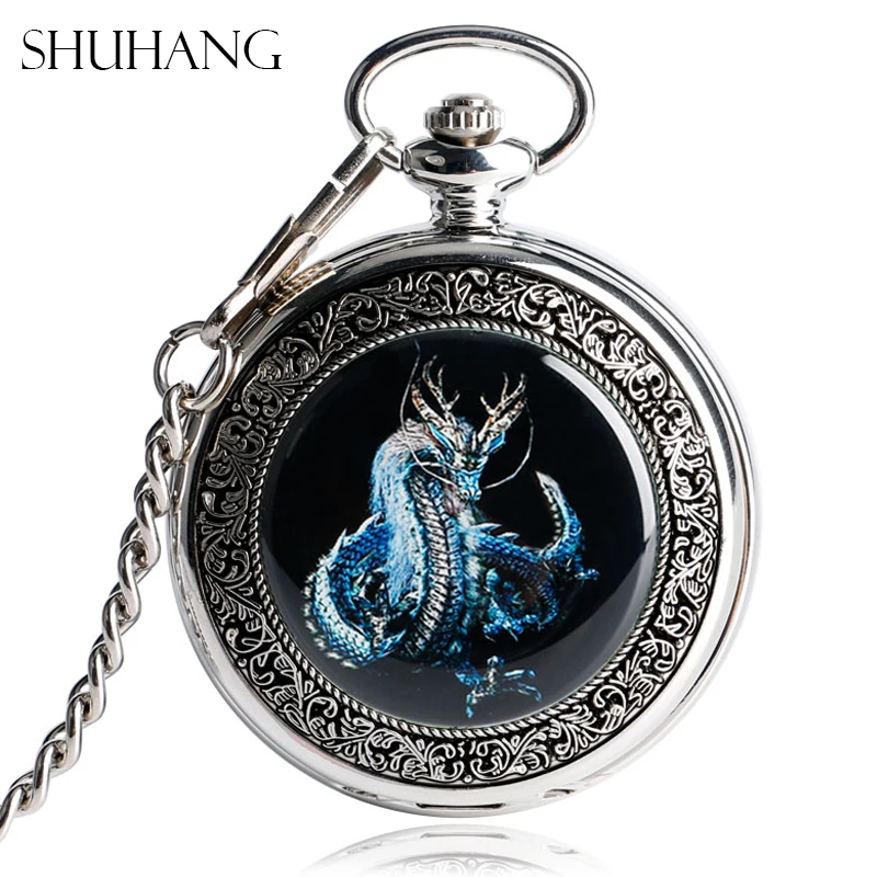 SHUHANG Evil Dragon Mechanical Pocket Watches Vintage Silver Steampunk