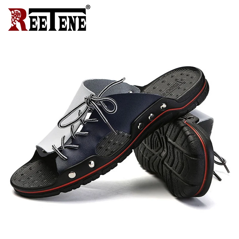 REETENE New Arriver Slippers For Men High Quality Genuine Leather Men's Slippers Outdoor Breathable Casual Man Shoes Men Flats REETENE New Arriver Slippers For Men High Quality Genuine Leather Men's Slippers Outdoor Breathable Casual Man Shoes Men Flats