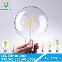 GreenEye высокая яркость E27 E14 Светодиодный светильник, винтажный светодиодный светильник Эдисона, 220 В, ретро стекло, светодиодный светильник с нитью накаливания, светильник в виде свечи, Точечный светильник, ампула