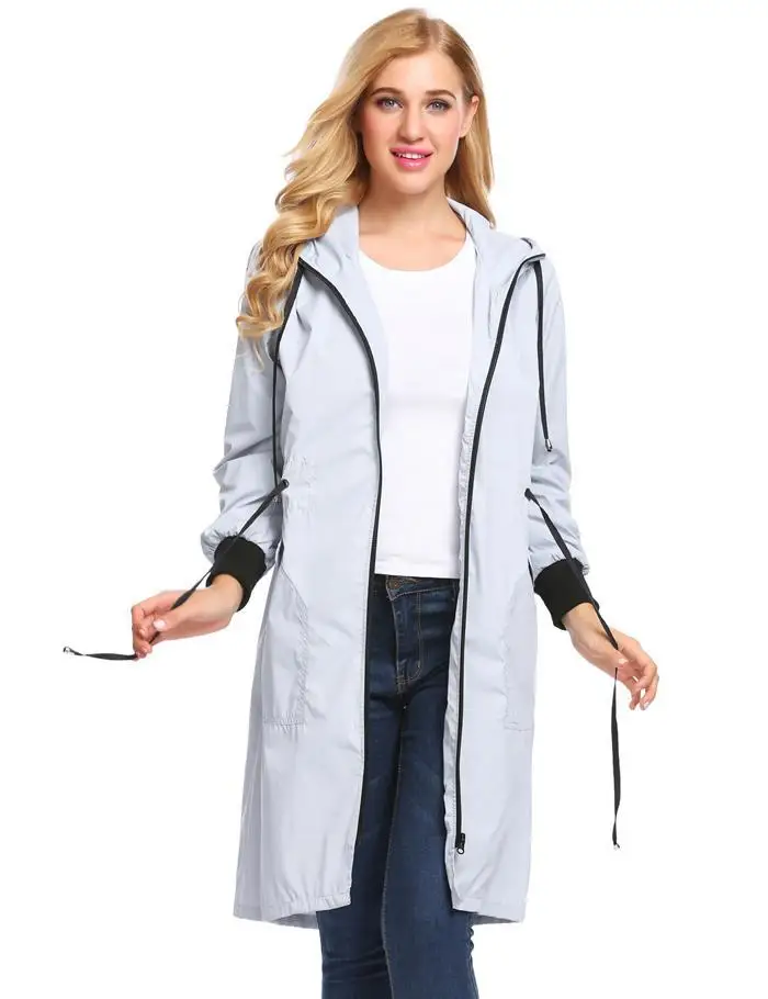 Ekouaer Женская длинная куртка с капюшоном с длинным рукавом легкая водонепроницаемая дождевая куртка, дождевик Женская модная верхняя одежда