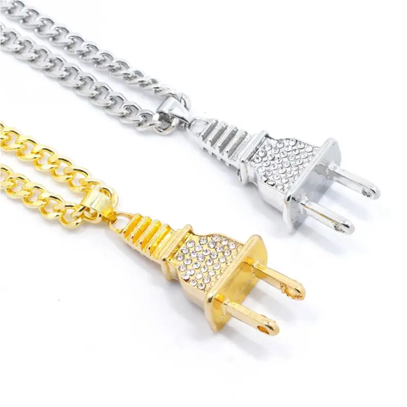 

Unique Mens Womans Iced Out Bling Alloy Crystal Power Plug Pendant Hip Hop Cuban Necklace Chain Gift